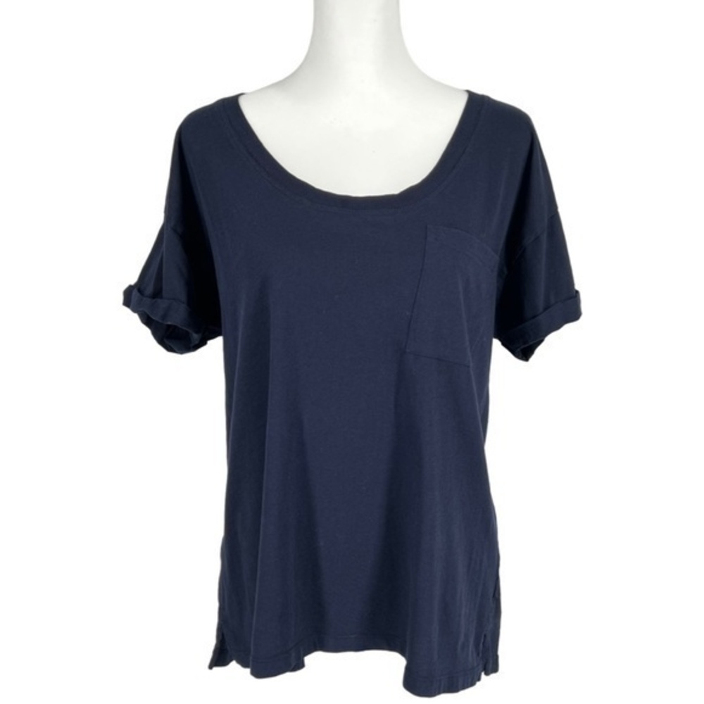 Lou & Gray Women’s Pocket Tee Deep Scoop Neck Cuffed Short Sleeves Navy Small